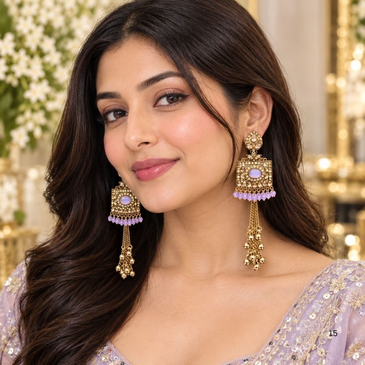 Lavender Kundan Long Tassel Earrings with Ghungroo for Women