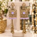 Gold-tone lavender kundan long tassel earrings with bead fringe and ghungroo drops