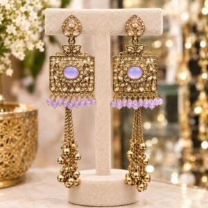 Gold-tone lavender kundan long tassel earrings with bead fringe and ghungroo drops