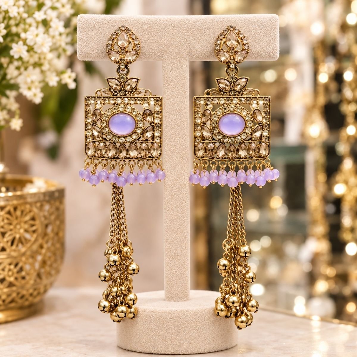 Gold-tone lavender kundan long tassel earrings with bead fringe and ghungroo drops