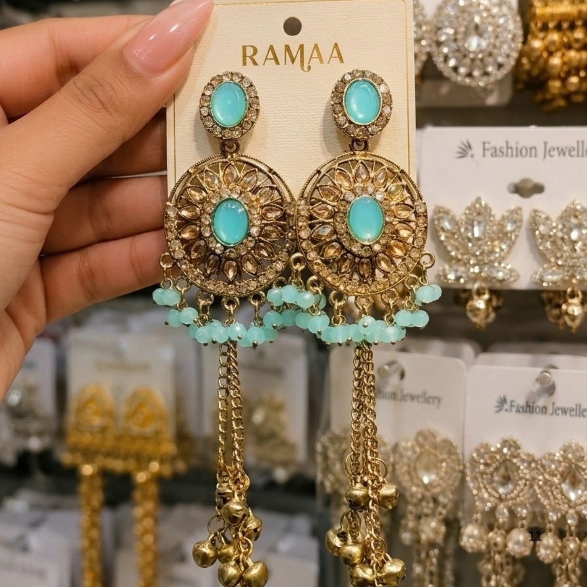 Aqua Blue Kundan Chandbali Long Tassel Earrings