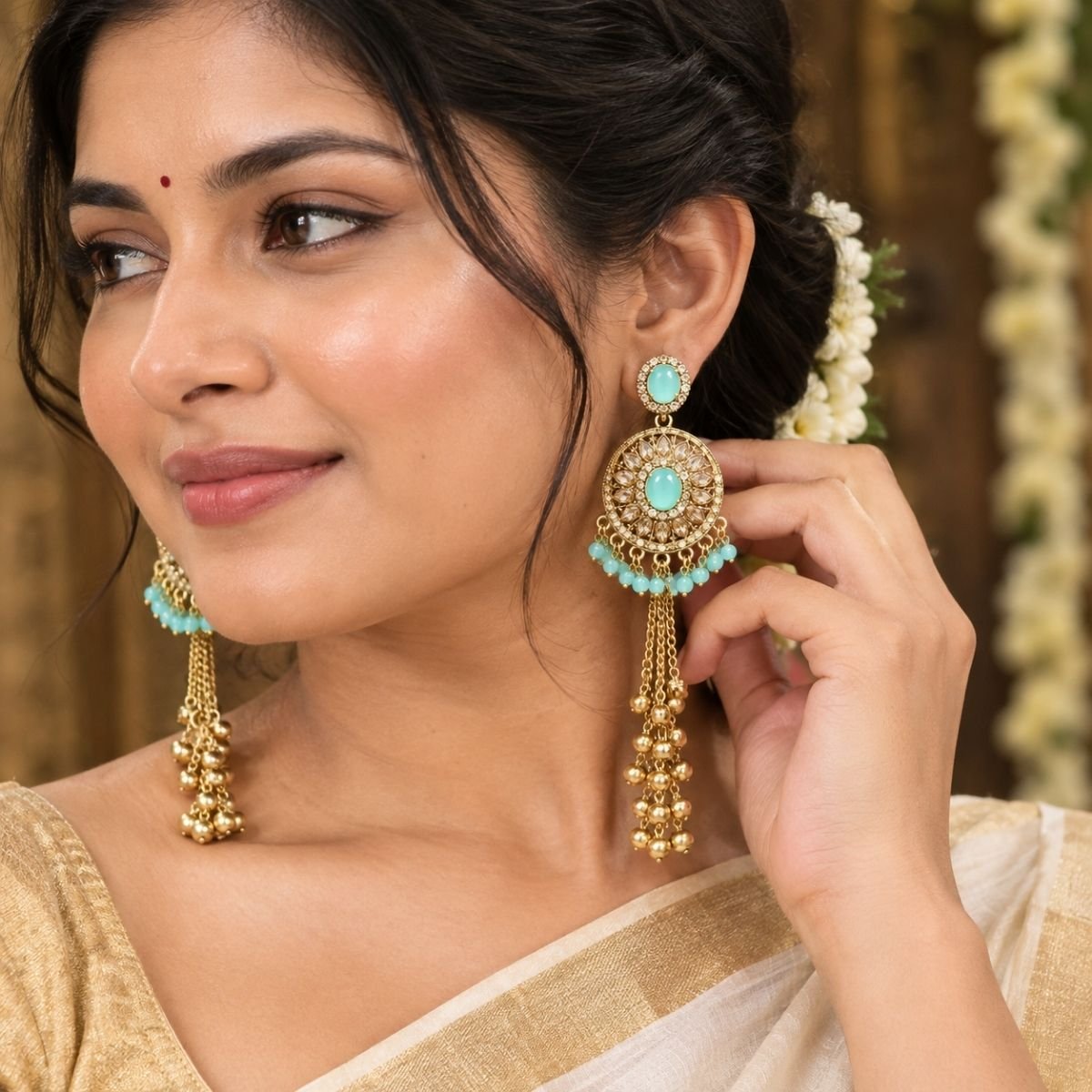 Aqua blue stone long tassel earrings for women