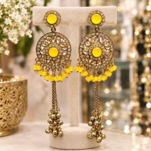 Gold-tone yellow kundan chandbali earrings with yellow bead fringe and long ghungroo tassels