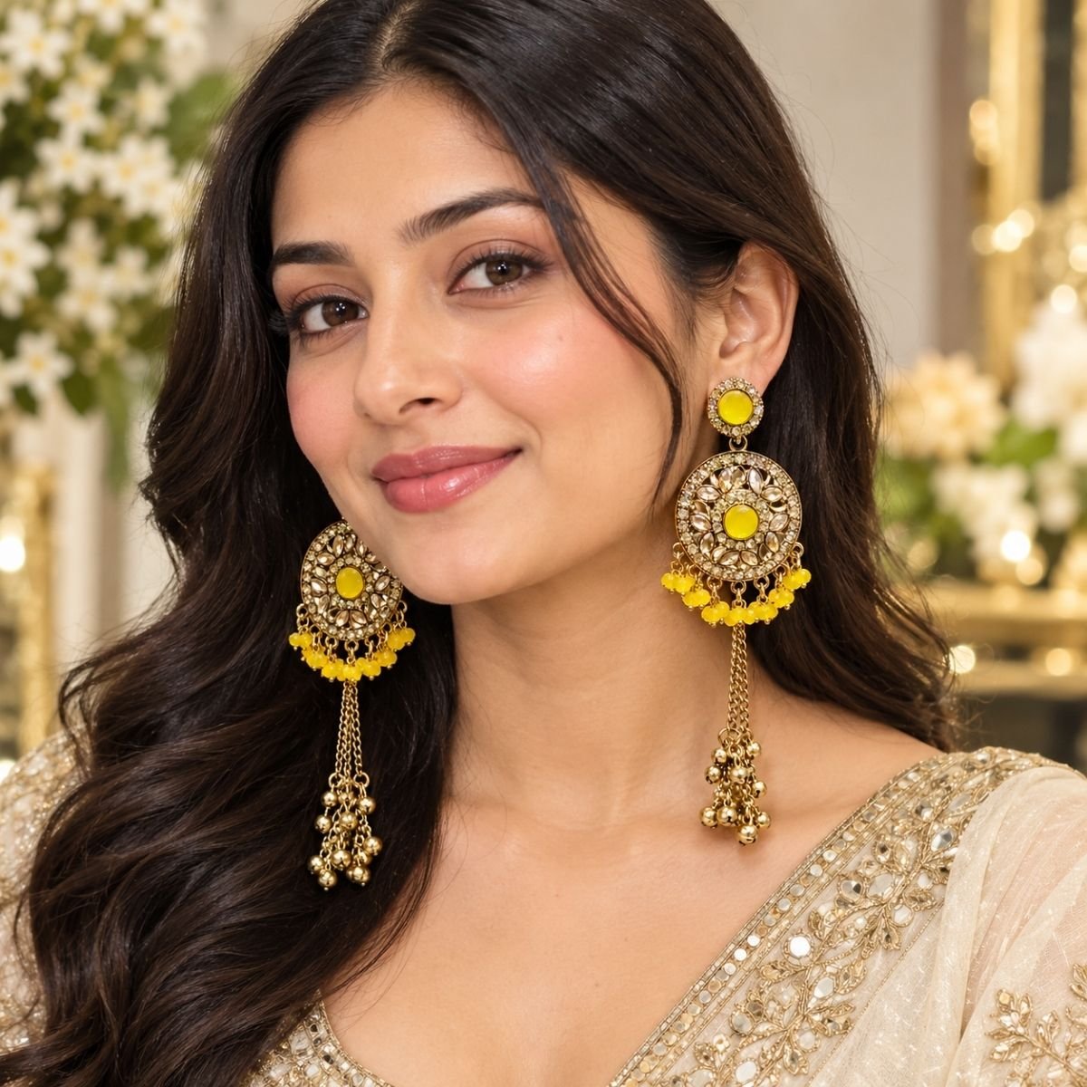 Yellow Kundan Chandbali Long Tassel Earrings