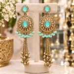Gold-tone aqua blue kundan chandbali earrings with aqua bead fringe and long ghungroo tassels