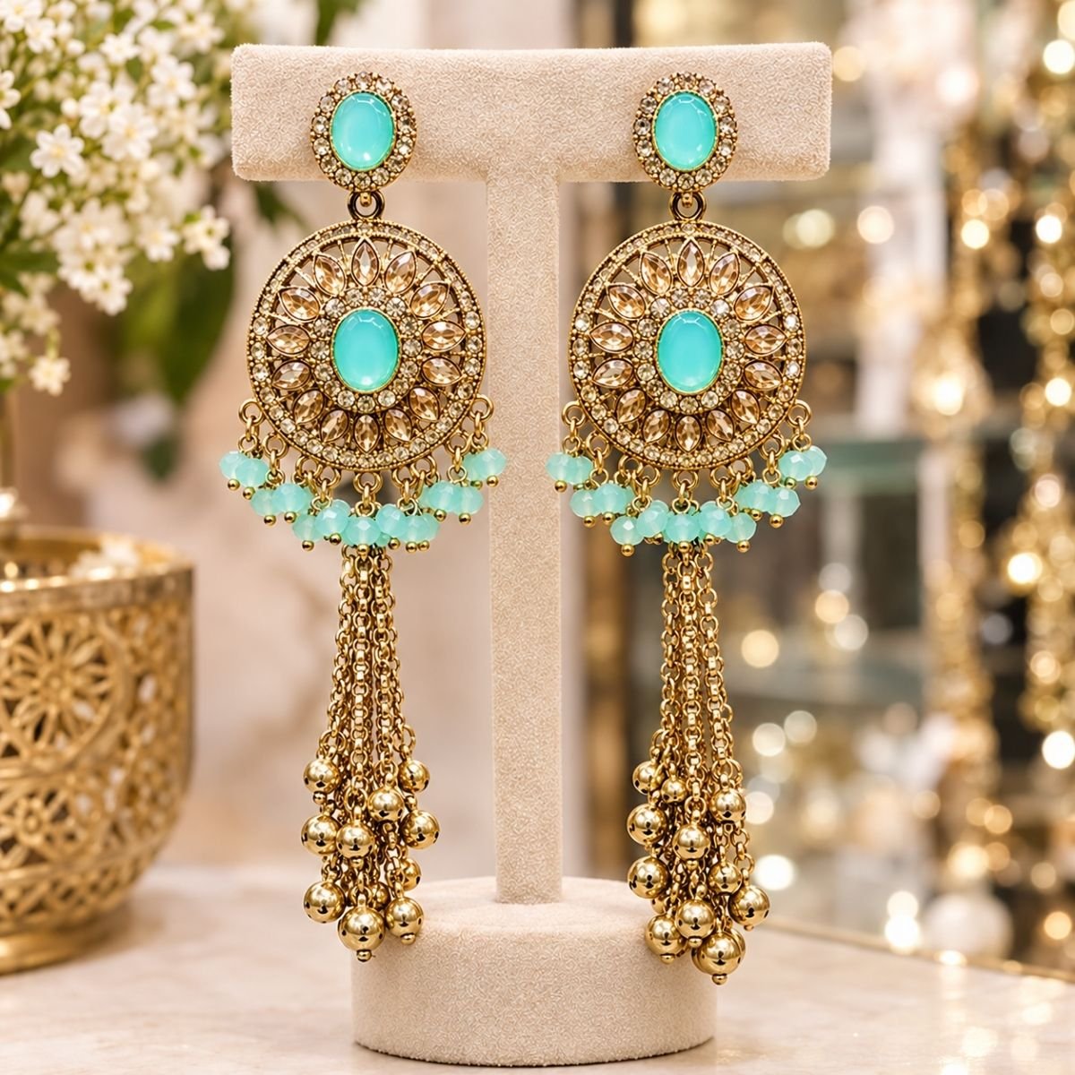 Gold-tone aqua blue kundan chandbali earrings with aqua bead fringe and long ghungroo tassels