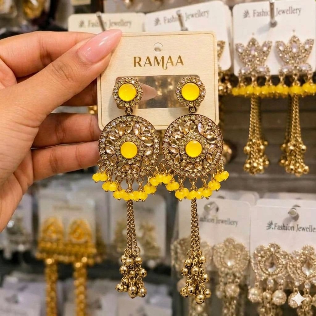 Yellow Kundan Chandbali Long Tassel Earrings